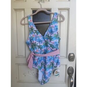 Caden Lane Palm Tree One Piece Swimsuit UPF 50+ Wrap Pink Tie Blue Size XXL